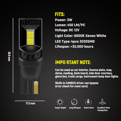 360 graden LED-lampen T10 194 168 147 W5W 3030 Auto LED-lampen voor het interieur