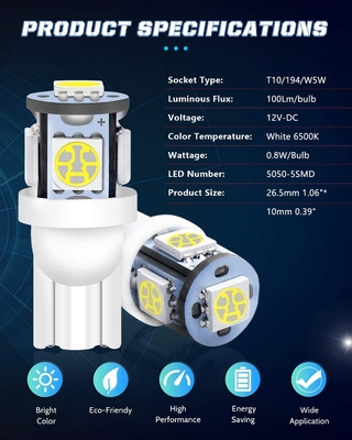 194 van de automobiel LEIDENE de Spaanders Gloeilampen6500k Wig T10 SMD 5050