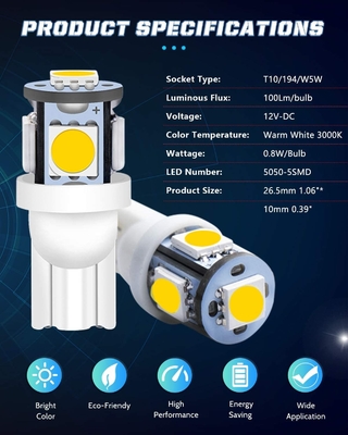 194 van de automobiel LEIDENE de Spaanders Gloeilampen6500k Wig T10 SMD 5050