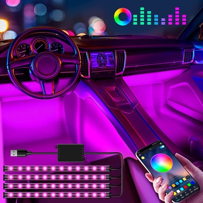 4 PCs 48 leidden Binnenlandse de Atmosfeerlichten IP65 van de Strookauto met USB-poortapp Controle